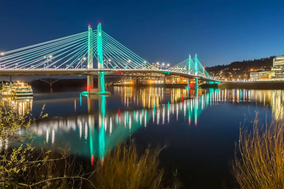 An exterior shot showcasing a scenic bridge illuminated by city lights, reflected in calm waters with lush foreground foliage. The view captures the vibrancy of the local urban landscape and hints at nearby dining and leisure opportunities.
